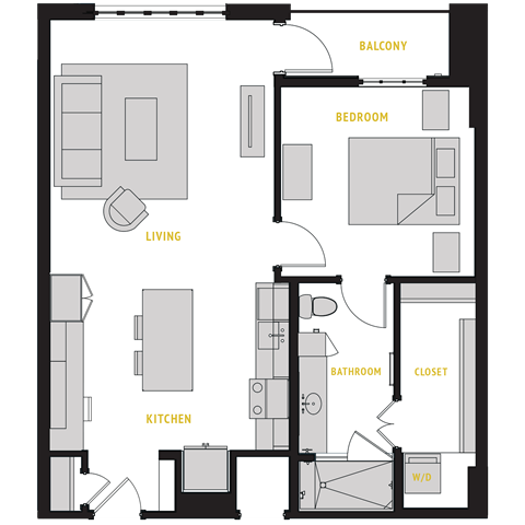 Floor plan for 1 bed, 1 bath, 855 sqft
